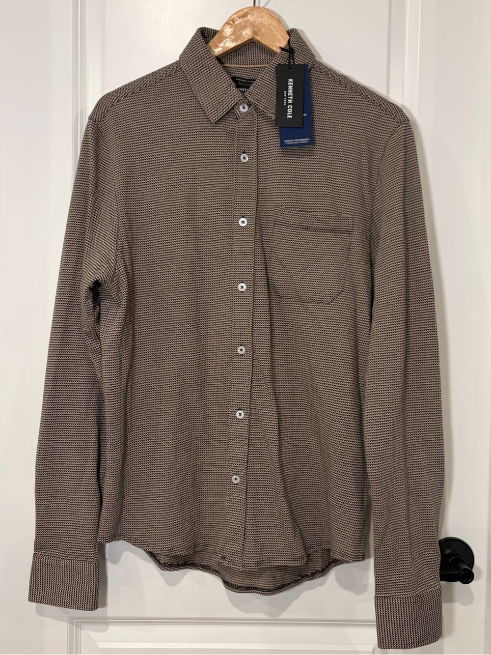 NWT Kenneth Cole Techni-Cole Mobility Knit Shirt Taupe Brown Geometric Men's M